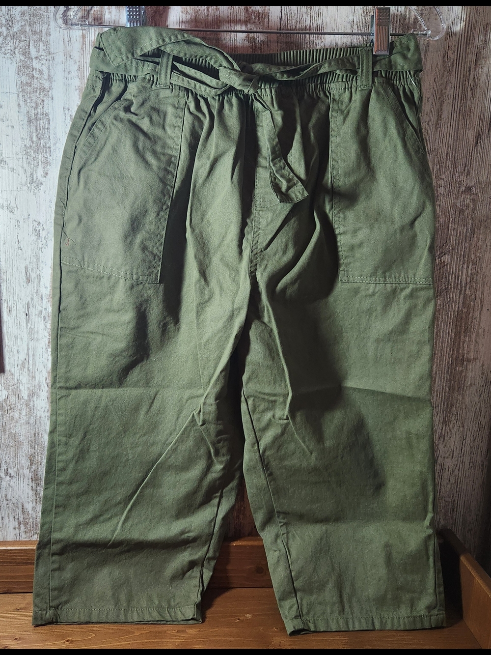 Cropped Olive Utility Ankle Pants - Women's Relaxed Fit XL Tie Waist